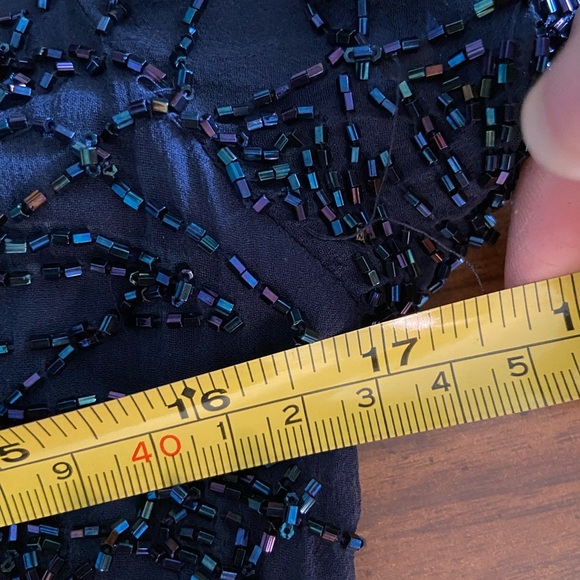 Vintage 90s Oleg Cassini Black Tie Beaded Silk Midnight Blue Cocktail Dress 6 - Picture 10 of 12
